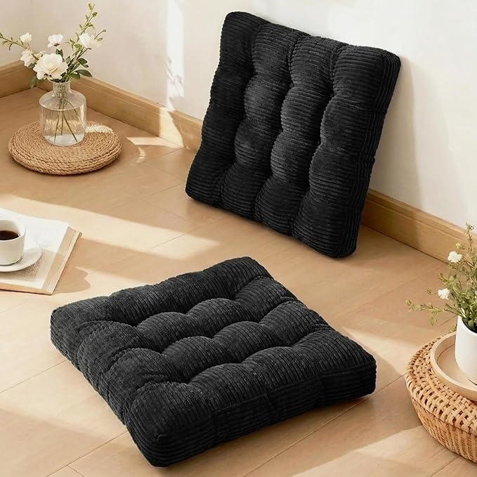 Meditation Floor Pillow Set of 2,Memory Foam Meditation Cushion for Adults Sitting, Large Square Thickened Seat Cushions for Yoga, Tatami Living Room (2, Black)