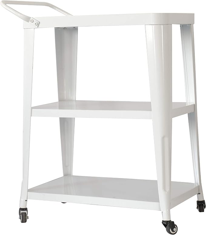 AC Pacific Harold 3-Tier Metal Rolling Cart with Swivel Rollers, Durable Utility Table on Wheels with Handle, All Metal Frame for Easy Mobility, Versatile Kitchen Stand for Bar or Serving Use, White