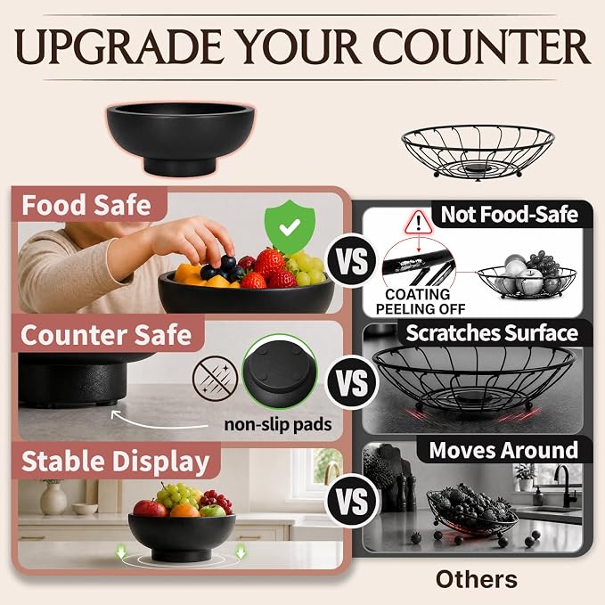 Concrete Fruit Bowl – Large Decorative Pedestal Bowl for Kitchen Counter, Entryway, or Coffee Table – Modern Catch – All Key Bowl – Heavyweight Centerpiece for Home Decor (Black)