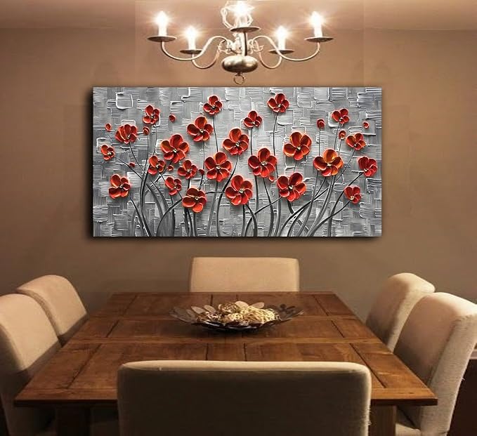 YaSheng Art - 48x24inch Canvas Wall Art, Hand Painted Oil Painting Wall Art ,Abstract 3D Texture Wall Art Pictures, Red Floral Paintings, Modern Home Bedroom Wall Art Decor, Wall Art for living room, Large Framed oil painting.
