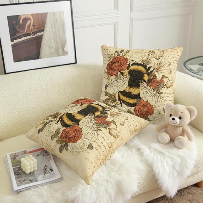 Spring Summer Bee Pillow Covers Retro Flower Honeybee Throw Pillow Covers 20x20 Set of 2 Botanical Bumblebee Floral Pillowcases for Home Sofa Couch Farmhouse Decor