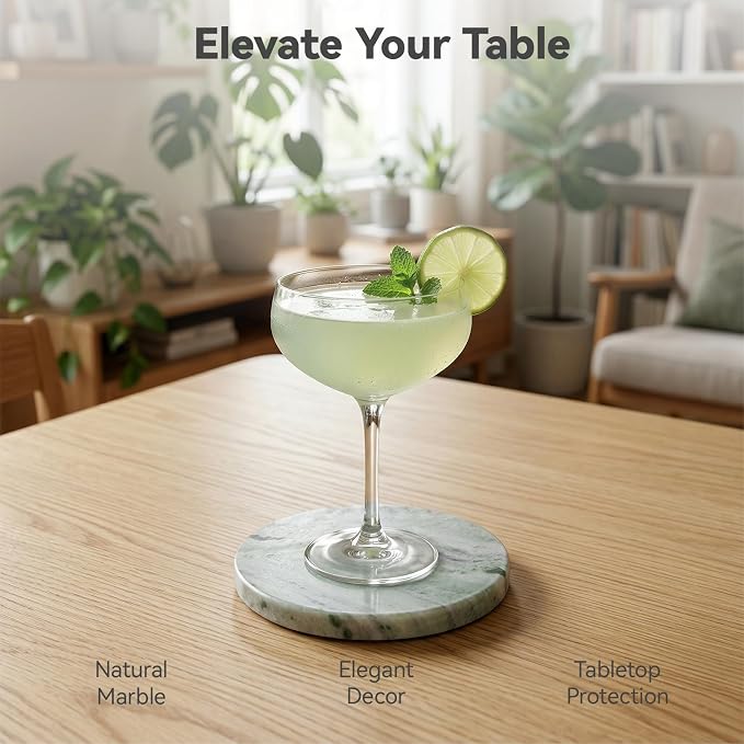 Sage Green Marble Coasters Set of 6, Elegant Green & White Coasters for Coffee Table, 4" Round Polished Soft Green Stone Coaster with Cloudy Veins – Heat Resistant, Non-Slip, Housewarming Gift