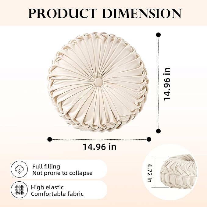 Teieas Round Throw Pillow Velvet Home Decoration Pleated Round Pillow Cushion for Couch Chair Bed Car (Olive)