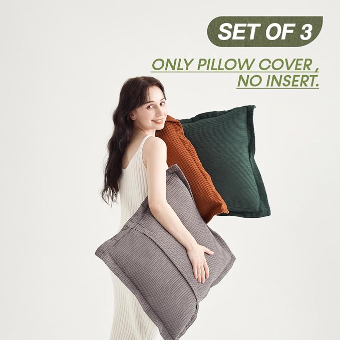 COCO TOP Pack of 3 Vintage Cushion Covers, Textured Corduroy Large Pillow Covers 24x24inch, Soft Touch for Living Rooms, Bedroom,Sofa, Studies(Slate Grey, Dark Green & Rust) Set of 3