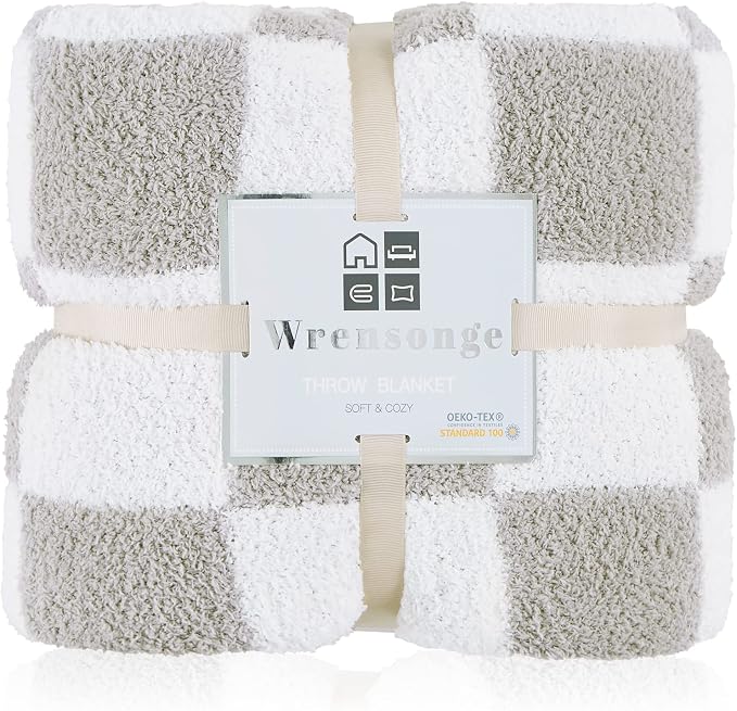 WRENSONGE Soft Twin Size Checkered Blanket for Bed-Cozy Knitted Blankets | Lightweight Fluffy Warm Decor for Women, Mom, Her & Girls, Sofa, Chair, Couch, 60x80in,Light Grey