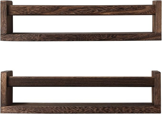 JORIKCHUO Nursery Book Shelves, Set of 2 Wood Floating Book Shelves for Kids Room, Kitchen Spice Rack, or Rustic Wall Mounted Shelves for Farmhouse Bathroom Décor (Carbon Brown)