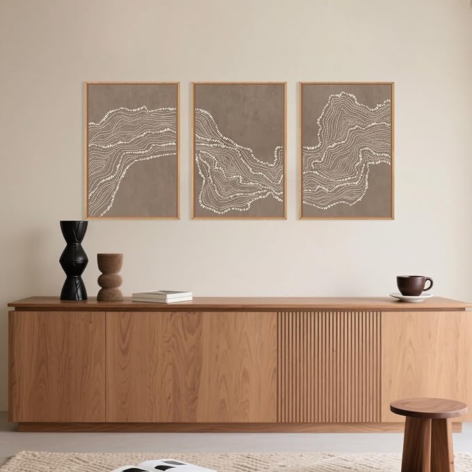 Abstract Line Wave Framed Canvas Wall Art Set,Geometric White Tan Art Painting,Modern Minimalist Wall Decor,Neutral Brown Artwork for Living Room,Bedroom,Dining Room,Office-16 x24 x3