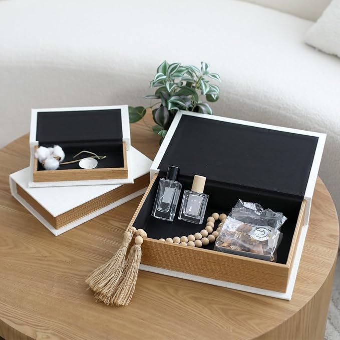 DECOR4SEASON Decorative Book Boxes Set of 3 – Modern Faux Linen & Wood Hidden Storage for Coffee Table – Stackable Fake Books for Shelf Decor, Remote Control & Jewelry Organizer (Off White)
