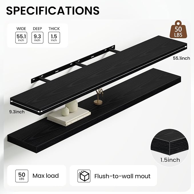 Heimlove 55 Inch Long Floating Shelves for Wall,9.3" Deep Black Floating Shelf Set of 2,Large Display Shelf & Storage Shelf,Wall Mounted Shelves for Bedroom Living Room Kitchen Office