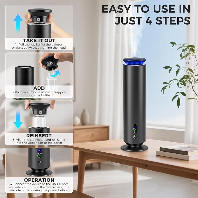 Hotel Scent Diffuser Starter Kit - 1000 Square Feet, 7 Ambient Light Settings, Includes 5 Essential Oils for Hotel Aromatherapy, Hotel Scent Diffuser,for Hotels, Homes, and Large Rooms,Black