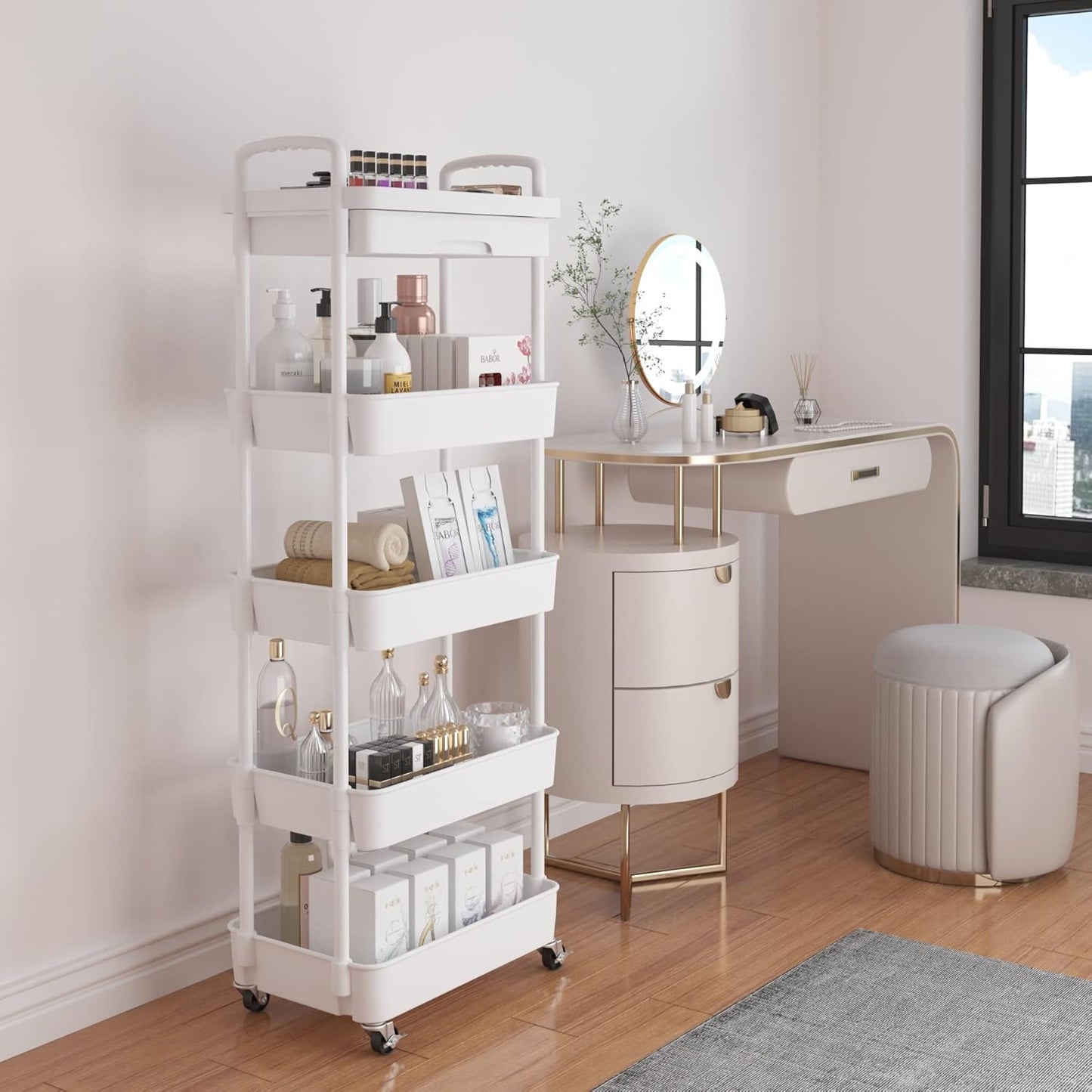 Calmootey 5-Tier Rolling Utility Cart with Drawer,Multifunctional Storage Organizer with Plastic Shelf & Metal Wheels,Storage Cart for Kitchen,Bathroom,Living Room,Office,White