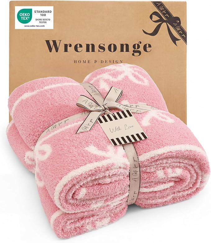 WRENSONGE Soft Throw Blanket for Couch-Cozy Reversible Knitted Blankets | Lightweight Warm Fluffy Decor for Women, Mom, Her & Girls, Sofa, Chair, Bed, 50x60in, Pink Bow