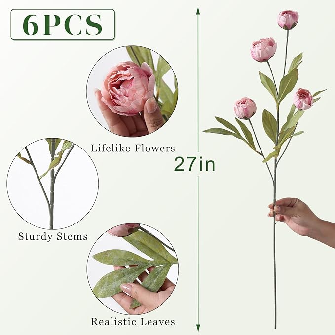VIERENA 6 Pcs Faux Silk Peony Artificial Flowers for Vase -27", Bulk Fake Peonies Branches with Stems for DIY Bouquet Centerpieces Wedding Fillers Arrangements Shower Decorations (Blush Pink)