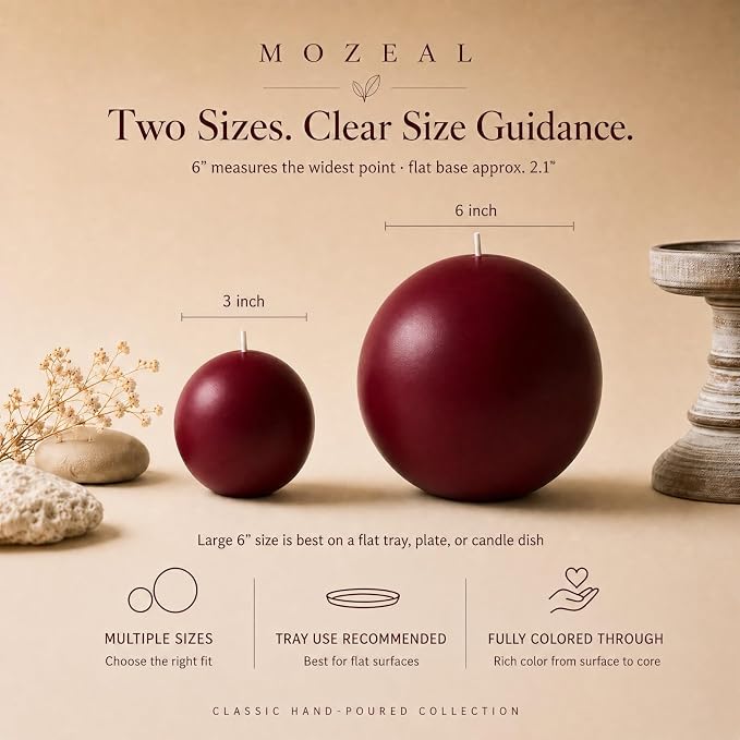 MOZEAL Hand-Poured, 3 Inch Dark Red Round Ball Candles - Elegant Dark Red Round Pillar Candles Set of 3, Dripless, Unscented, Smokeless, Ideal for Intimate Gatherings.