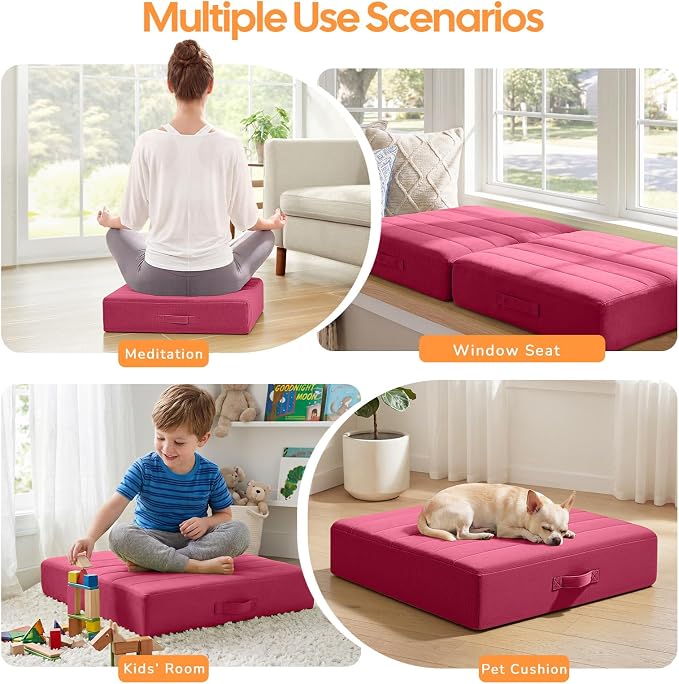 MeMoreCool Square Floor Pillow Seating for Adults Kids, Large Meditation Cushion Floor Pillow with Thick Foam & Soft Tufted Cover, Washable Big Pillow Seat Floor Cushion for Sitting Yoga 24" Wine