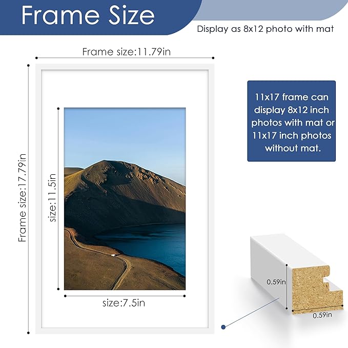 PEALSN 11x17 Picture Frame Set of 6, Display Pictures 8x12 with Mat or 11 x 17 without Mat for Wall Mounting Display, Photo Frames Collage for Wall Decor, White