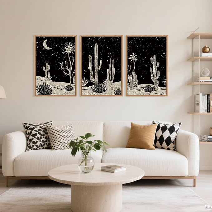 DRACIT Desert Night Cactus Framed Canvas Wall Art Set,Southwestern Black and White Landscape Wall Decor,Rustic Wooden Mid Century Boho Moon Artwork for Living Room,Bedroom-16 x24 x3