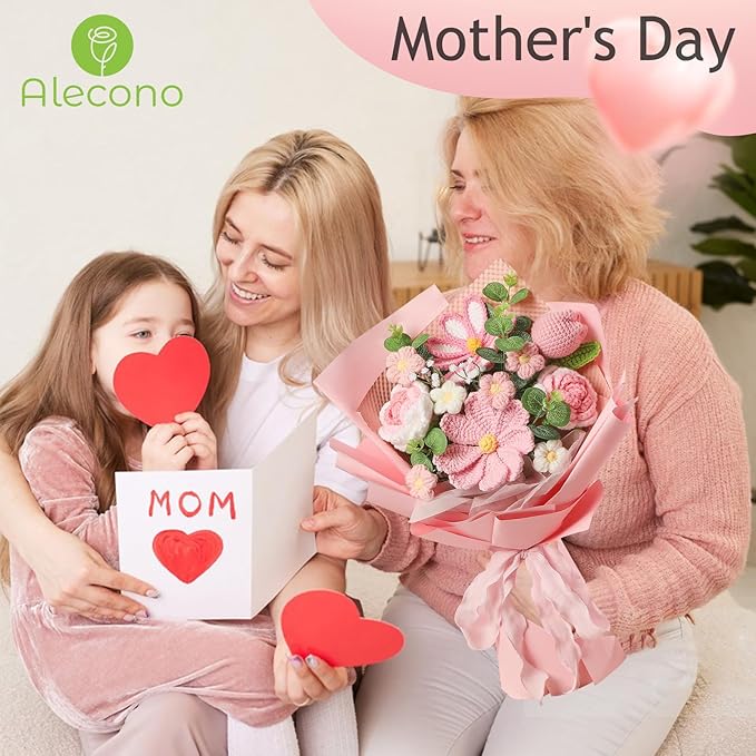 Alecono Crochet Flower Bouquet, Pink Handmade Knitted Flowers, Crochet Tulips Galsang Flower for Mother's Day Anniversary Birthday Graduation Lover Valentines Day Gifts (with Card)