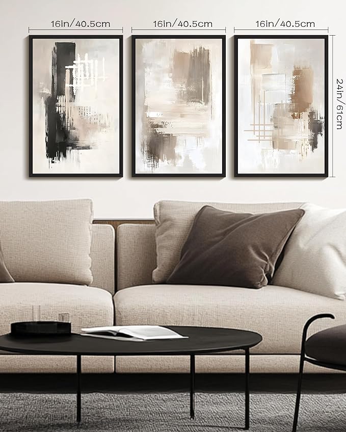 PHOPAGO Abstract Framed Wall Art Large 16x24in Mid Century Modern Minimalist Beige Pastel Watercolor Neutral Wall Decor for Living Room Bedroom - Black Framed