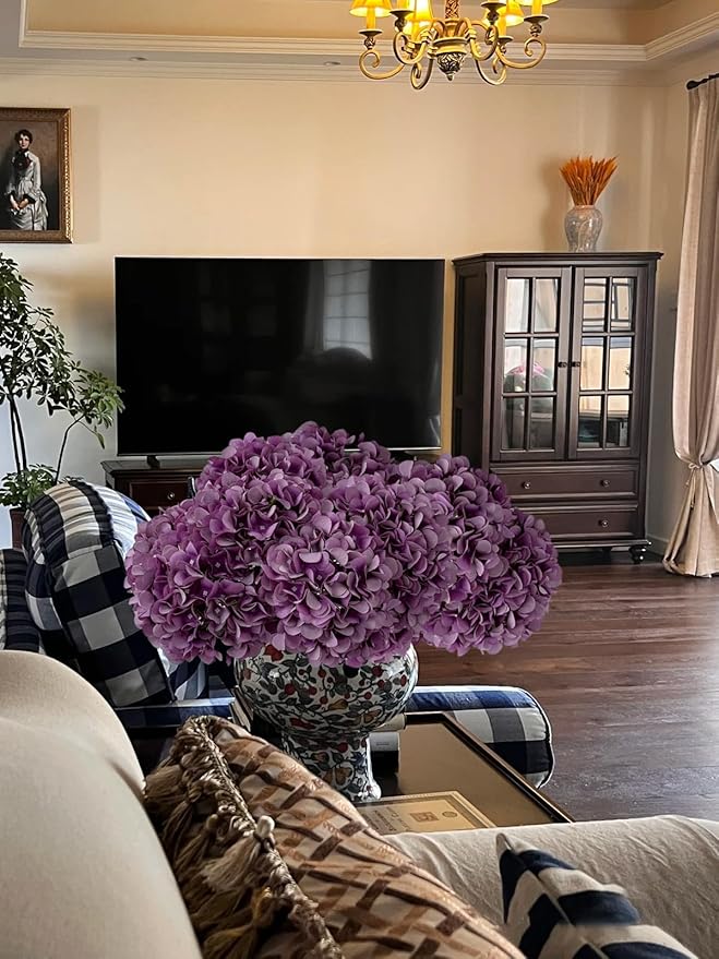 ZYTUYO 5 Pcs Dark Purple Silk Hydrangea Artificial Flowers - Boho Dried Touch 20'' Faux Hydrangeas for Fall Home Decor, Kitchen, Living Room, Porch Wreath, Xmas, Wedding Flower Arrangement