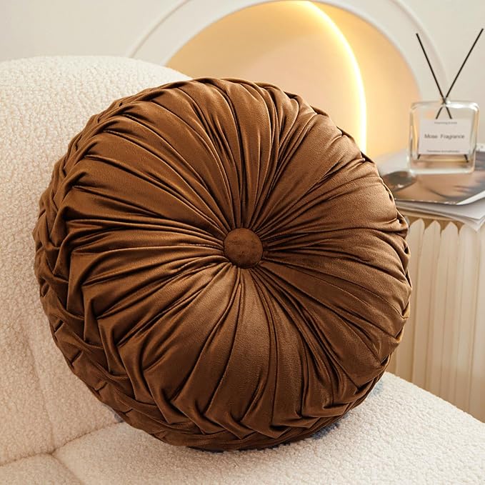Greenjin 15" Round Pillow for Couch, Circle Velvet Pleated Throw Pillow,Decorative Round Floor Cushion,Pumpkin Chair Cushion for Bed Chair Car Sofa Home Decor Coffee