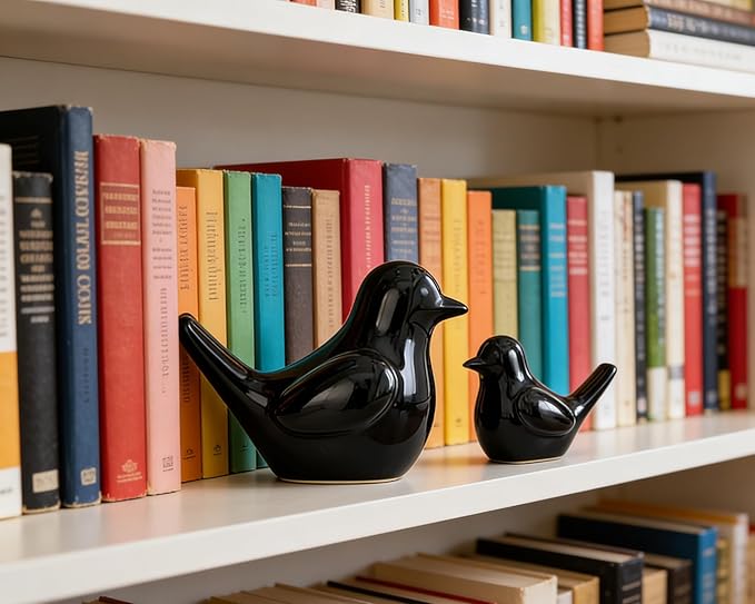 Small Black Bird Statue Ceramic 2-Piece Set, 3¾ inch Cute Knick Knack for Home Office Shelf Desk Decor