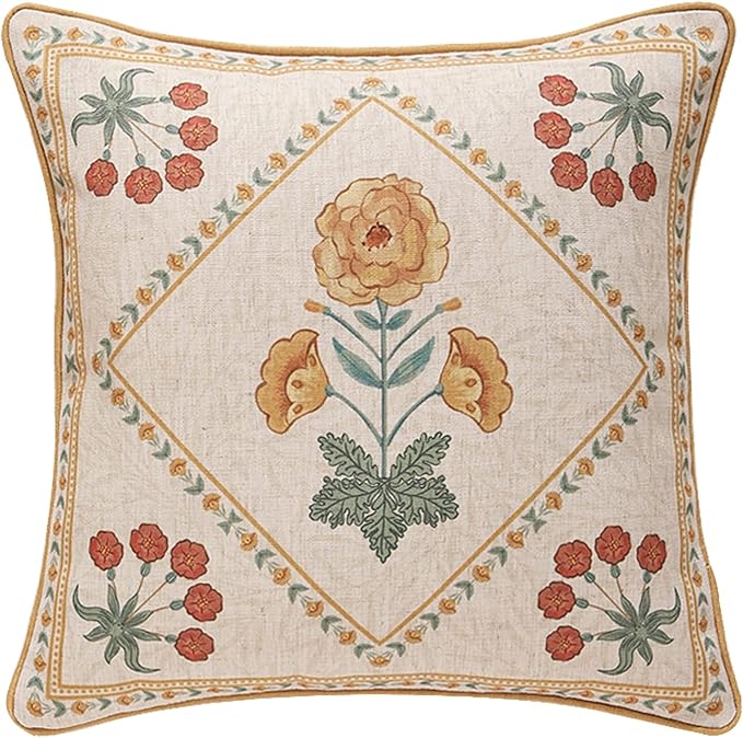 patdrea French Vintage Linen Throw Pillow Cover,18"x18"-RosaSilvestre B | Decorative Pillow Case with Zipper,Yellow Floral Pattern,Cushion Coverfor Couch Living Room Bedroom Sofa