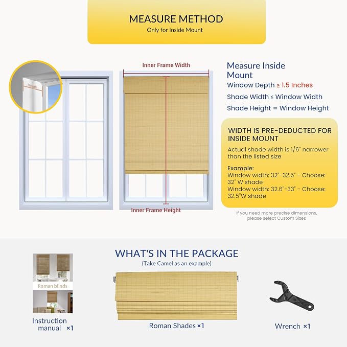 No Drill No Tools Bamboo Roman Shades, Cordless Light Filtering Window Blinds with Valance, Natural Woven Wood Shades for Living Room Dining Room, Privacy Beige, 45.5" W x 48" H