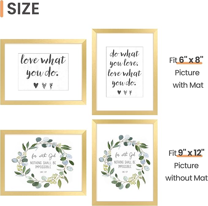 upsimples 9x12 Picture Frame, Display Pictures 6x8 with Mat or 9 x 12 Without, Wall Hanging Photo Frames, Gold, 1 Pack