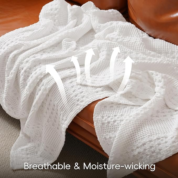 PHF 100% Cotton Waffle Blanket Queen Size for Bed, Lightweight Breathable and Soft for Summer, Luxury Aesthetic Waffle Weave Blanket for Home Decor & Gifts for Women, 90"x90", White