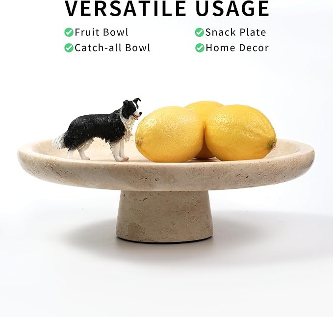 Marble Fruit Bowl for Kitchen - 11.8" Travertine Decorative Stone Pedestal Bowls for Home Decor, Footed Fruits Holder For Dining Table Counter Organization