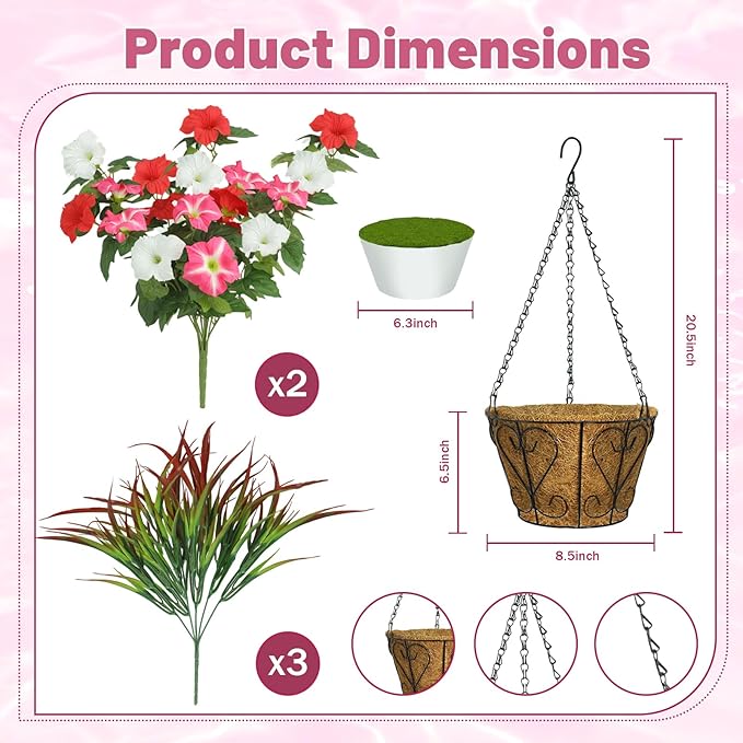 Artificial Flowers Hanging Baskets for Outdoors, 5PCS UV Resistant Faux Outdoor Plants, Fake Petunias Silk Flowers for Garden Balcony Yard Porch Decor (White Red Pink)