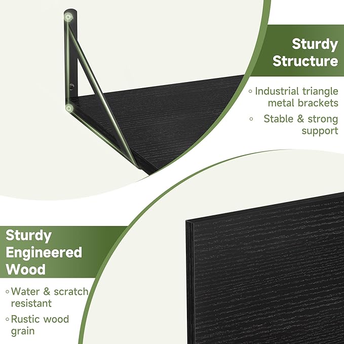Heimlove 16W x 12D Wall Shelves, 12 Inch Deep Floating Shelves for Wall Set of 4, Wide Heavy Duty Shelves, Black Floating Shelves for Living Room Bedroom Bathroom Kitchen