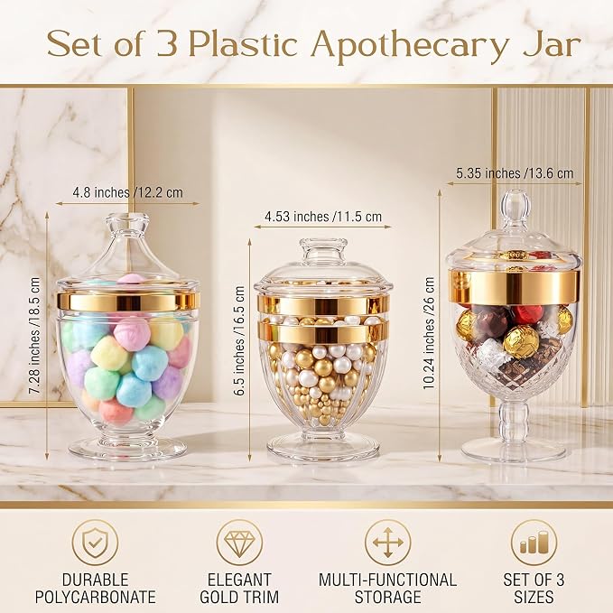 3 Pcs Apothecary Jar with Lid Decorative Crystal Candy Jar for Candy Buffet Bathroom Storage Canisters Wedding Organization Canisters for Home