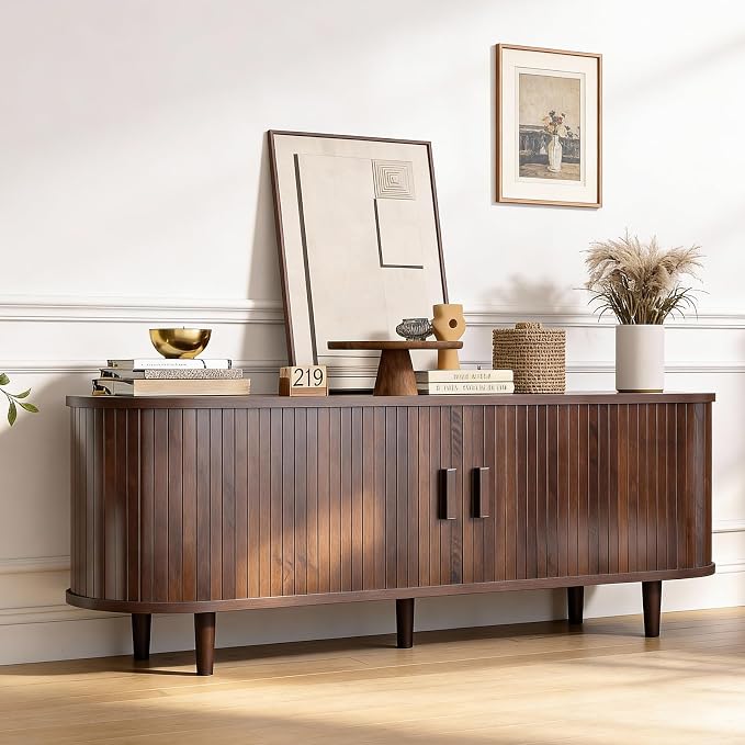 58" Mid Century Modern TV Stand, Wood TV Consoles with Sliding Doors and Power Outlet, Entertainment Center with Adjustable Shelves, Fluted TV Stands for Living Room, Walnut