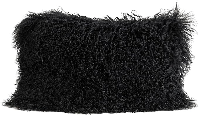 MOOX Mongolian Lamb Fur Pillow Covers Lumbar Throw Sheepskin Pillow Case Genuine Wool Fur Tibetan Accent Living Room Bedroom Decorative Cushion Cover (12 * 20inch Black)