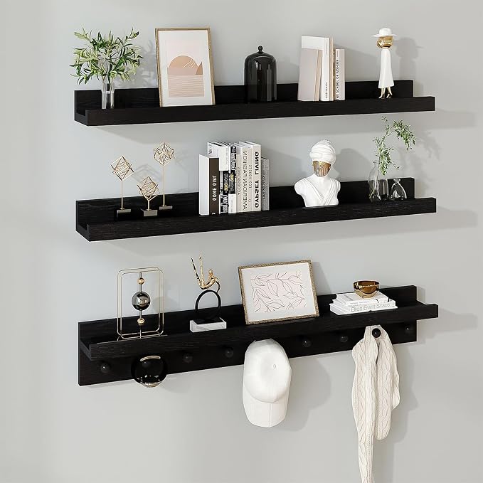 MBYD Solid Wood Black Floating Shelves for Entryway, 24 Inch Wall Shelf with Hooks & Wooden Pegs, Modern Versatile Picture Ledge to Organize Living Room, Bedroom, Declutter Items & Hang Keys, Bags
