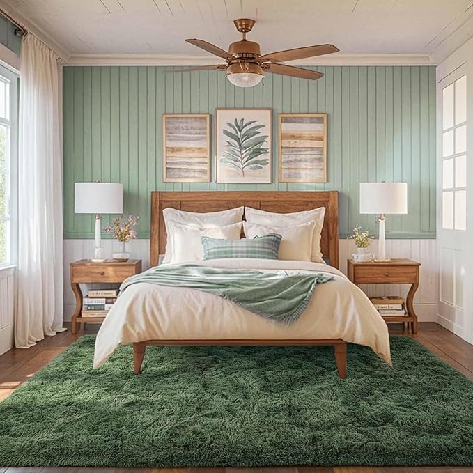 FinRèc 5x8 Feet Green Rug for Living Room Bedroom, Fluffy Fuzzy Shag Rugs, Non-Slip Furry Shaggy Area Rug for Nursery Kids Room Dorm Room Home Decor, Indoor Floor Carpet