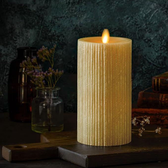 Luminara Metallic Embossed Pillar, Champagne Flameless LED Candle 3.25" x 6.5", Battery Operated Real Flame Technology w/Timer Function, Paraffin Wax