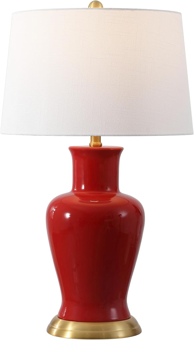 JONATHAN Y 29" Red Traditional Ceramic Urn LED Table Lamp for Bedroom Decor, White Linen Drum Shade, Classic Nightstand Lamp for Living Room, LED Bulb Included (JYL4026G)