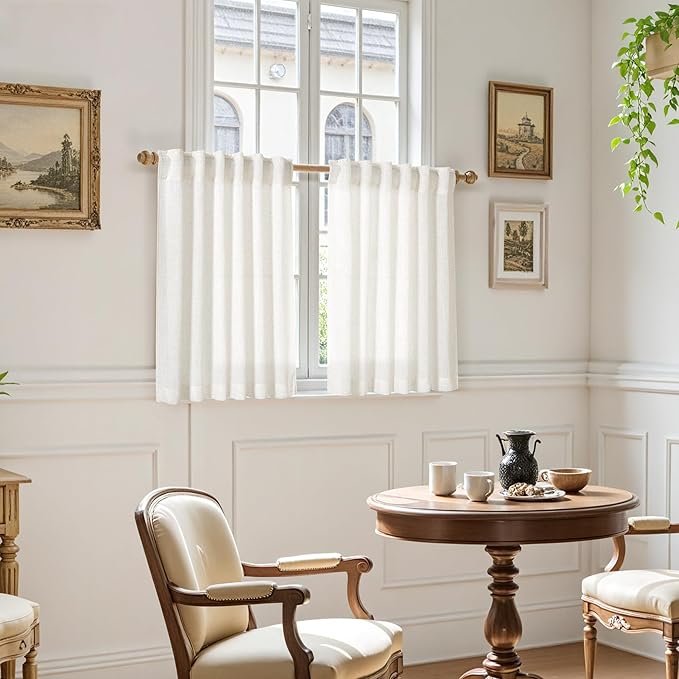 Nanspring Beige White Cafe Curtains 40 Inch Length for Kitchen Small Window Linen Blend Semi Sheer Curtain with Back Tab and Rod Pocket Front Door Drapes for Bedroom 2 Panels Set 40 X 40 Inch