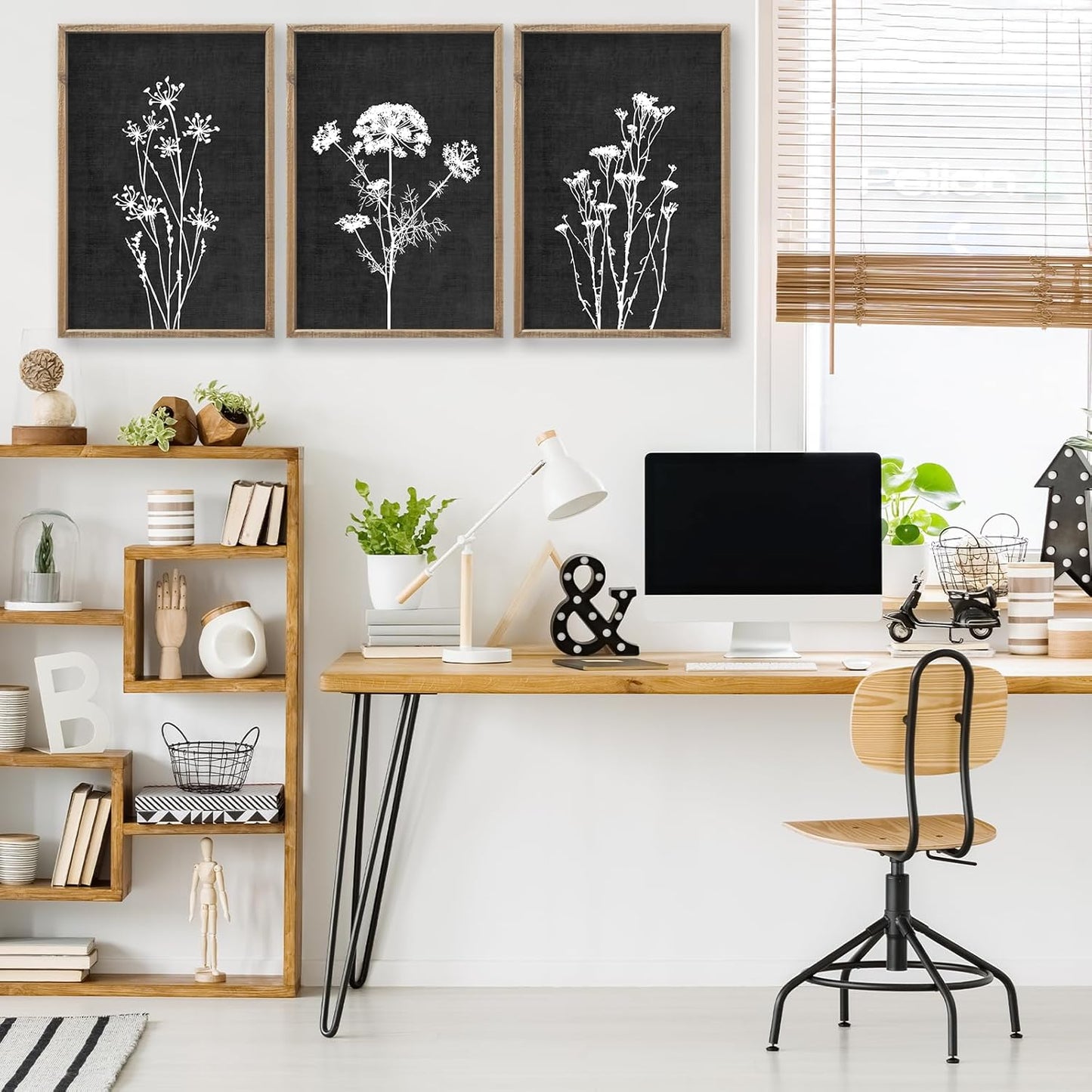 Flower Plant Wall Art Decor 24"x16" Set of 3 Black And White Botanical Painting Wood Framed For Minimalist Bedroom Office Rustic Living Room Abstract Wildflower Sign Hanging (Wood Black)