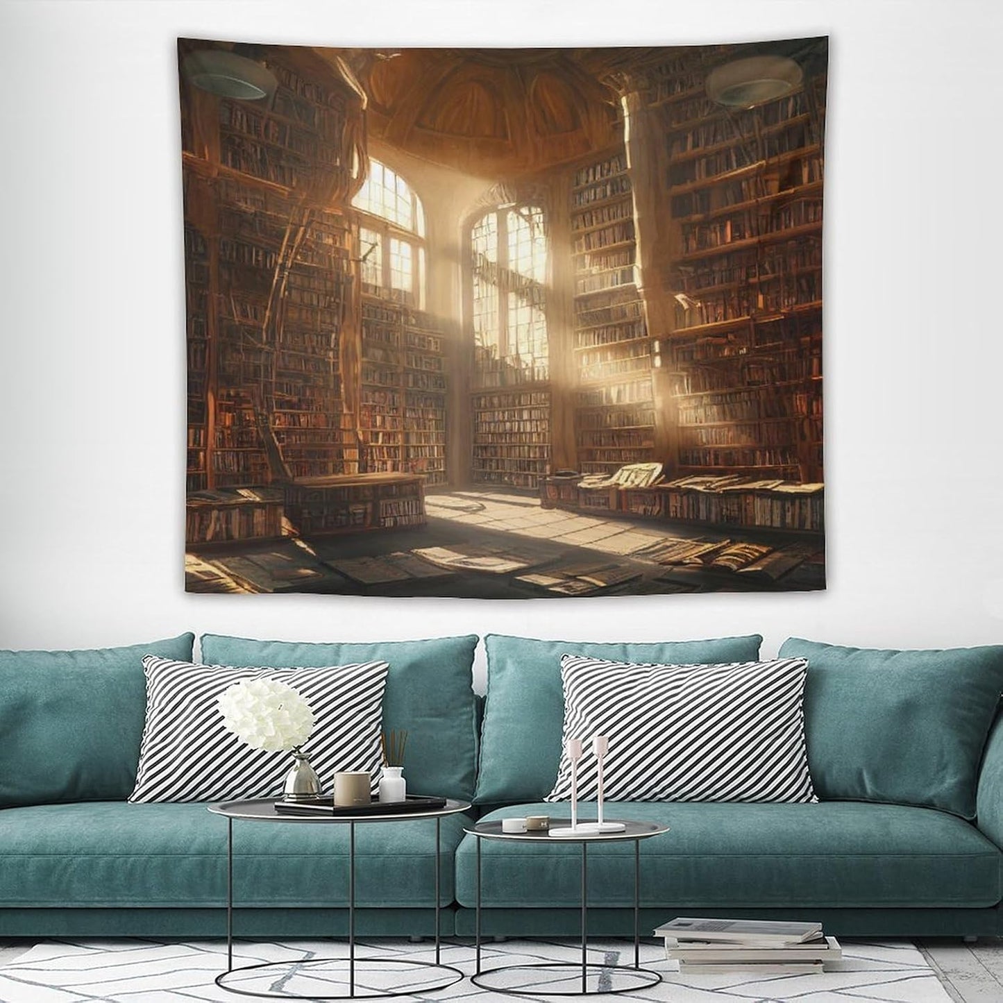 Kurtect Retro Bookshelf Tapestry,Medieval Mid Century Library Building Pattern Print Tapestries for Party Beach Picnic Blankets Tablecloths Living Room Wall Deocr, 50x60 in