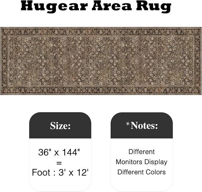 HUGEAR 3x12 Runner Rug Machine Washable Brown Hallway Area Rug Indoor Accent Rug Floral Low Pile Carpet Soft Throw Rug Bedroom Living Room Office Dining Room Kitchen Laundry Room Non Slip