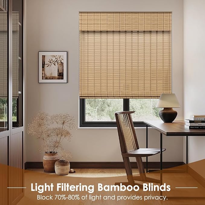 Cordless Bamboo Roman Shades, Light Filtering Bamboo Blinds Shades for Indoor Windows, UV Protection Roll Up Blinds for Home, Office, 20" W x 64" H, Natural