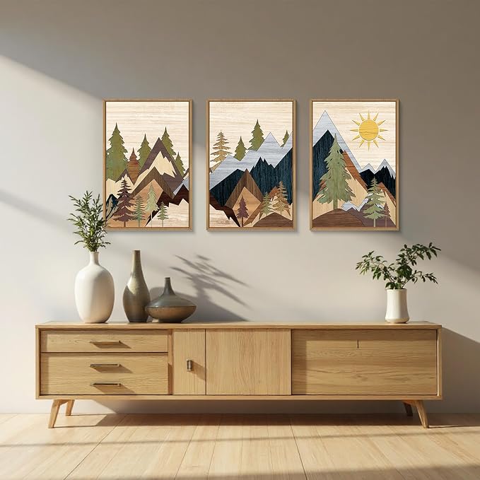 Mountain Pine Tree Framed Canvas Wall Art Set, Nature Wilderness Illustration Wall Decor, Woodcut Forest Wall Painting, Mid Century Modern Art Print for Living Room Bedroom Office 24"x36"x3