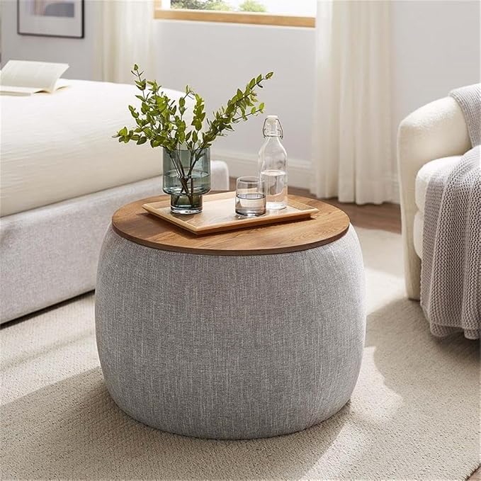 Modway Perla 26 Inch Round Storage Ottoman with Tray Lid in Heathered Weave Wheat -Heathered Fabric Ottoman - Versatile Footrest - Woven Coffee Table - Side Table - for Living Room