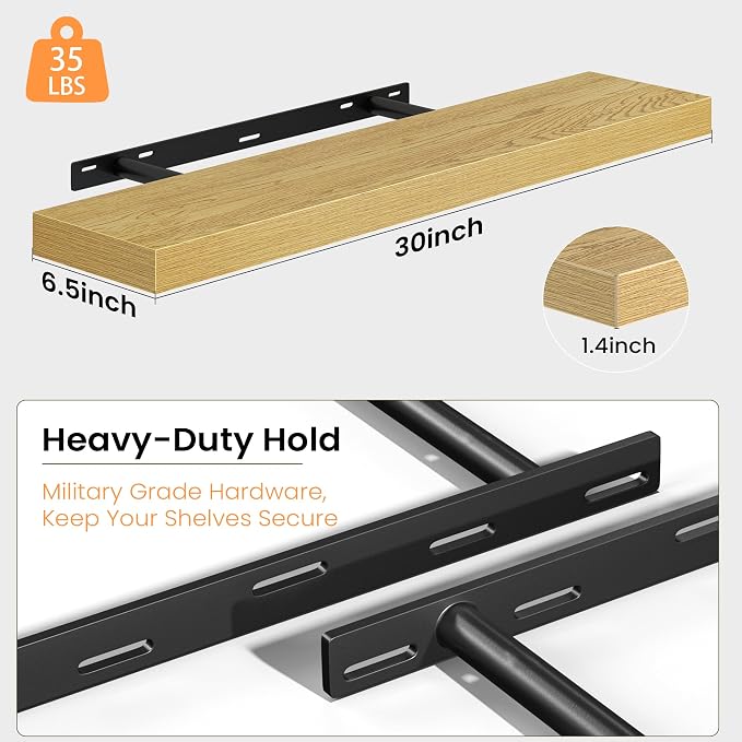 Fun Memories Floating Shelves for Wall, 30 Inch Set of 2 Rustic Wood Wall Shelves with Invisible Brackets, Heavy Duty Storage Display for Living Room Bedroom Kitchen, Oak