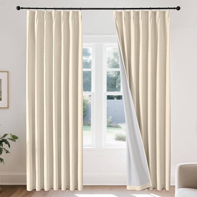Joydeco Pinch Pleated Linen Curtains for Living Room, 100% Blackout Darkening Curtains 72 inches Length 2 Panel Thermal Insulated Pinch Pleat Drapes(Bleached Sand,40'' Wx72'' L)