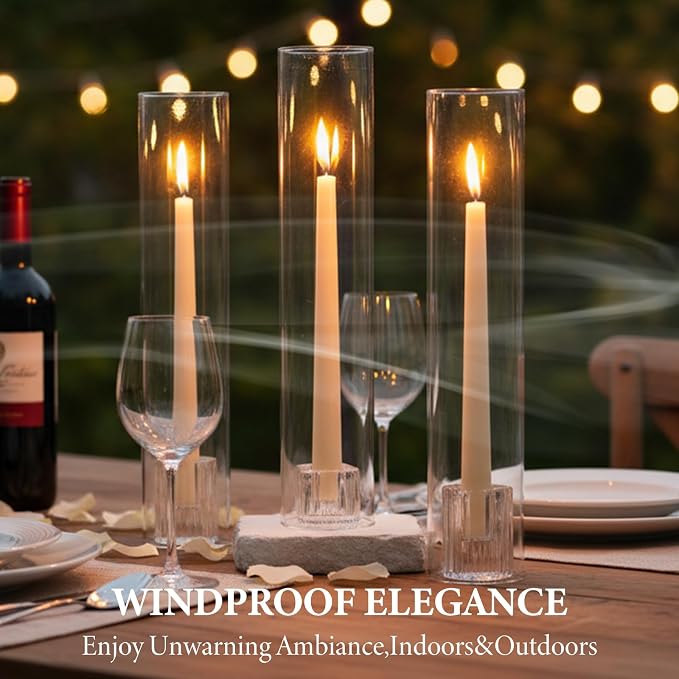 LETINE Hurricane Candle Holders with Ribbed Taper Candle Holders Set of 3(14")- Windproof & Elegant Candle Holder with Glass Cover for Outdoor&Indoors Wedding Centerpieces, Events & Home Decor